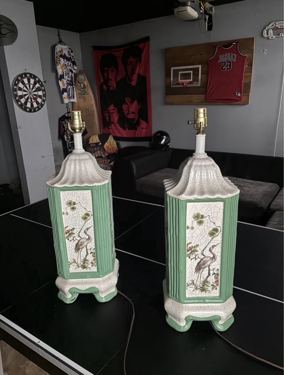 A Pair Of Crackle Glaze Ceramic Based Side Lamps In The Chinoiserie Style A Pair Of Crackle Glaze Ceramic Based Side Lamps In The Chinoiserie Style