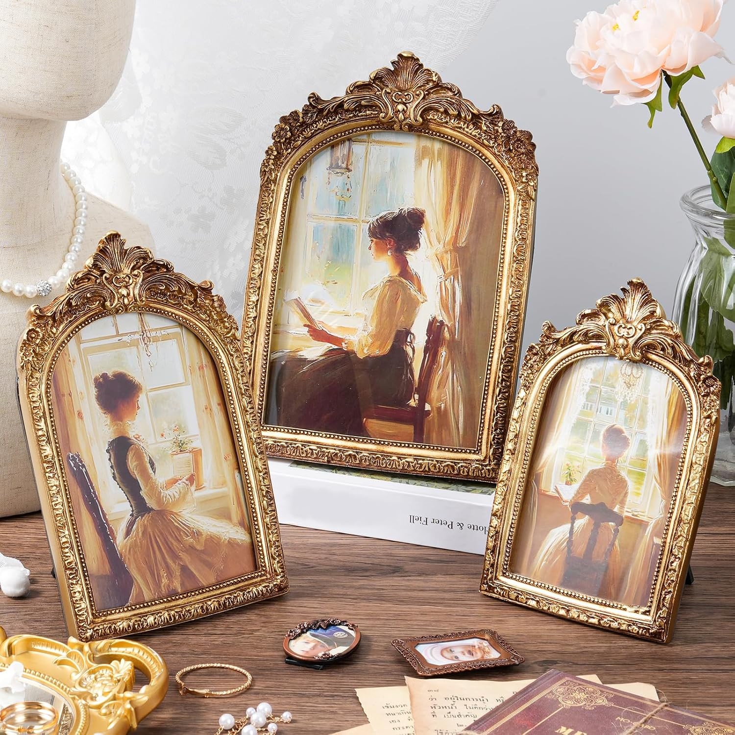 3 Pcs Vintage Picture Frames Antique Set, Ornate Gold Baroque Photo Frames with