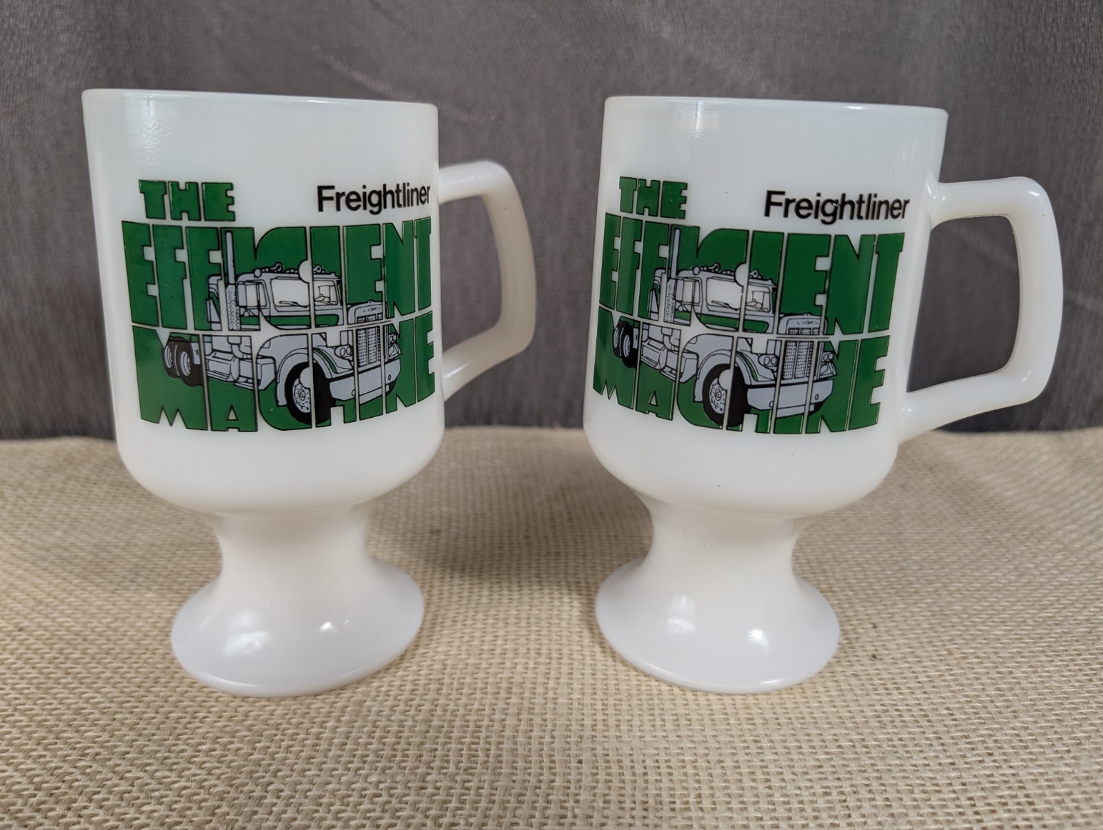 2 VNTG Freightliner Trucking The Efficient Machine - Advertising Milk Glass Mug 2 VNTG Freightliner Trucking The Efficient Machine - Advertising Milk Glass Mug