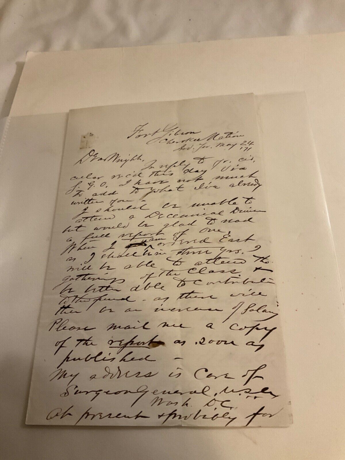 FORT GIBSON CHEROKEE NATION INDIAN TERRITORY MAY 1871 ARMY SURGEON LETTER 1704
