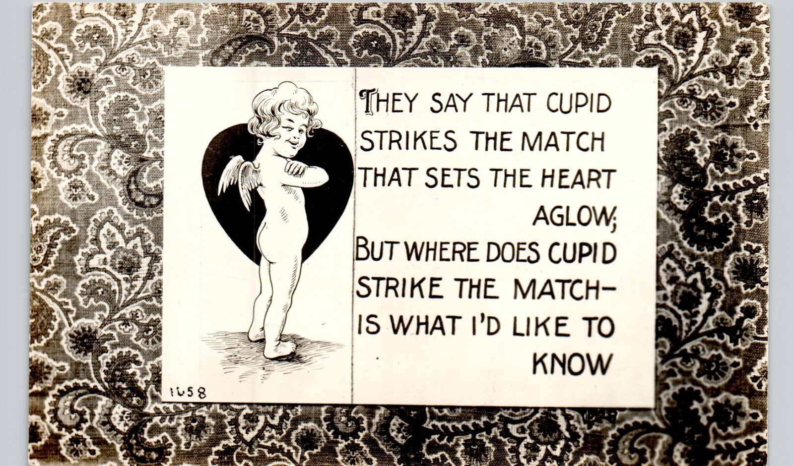 CUPID QUOTE COMIC ON ANTIQUE RUG c1910 postcard real photo rppc ~rare