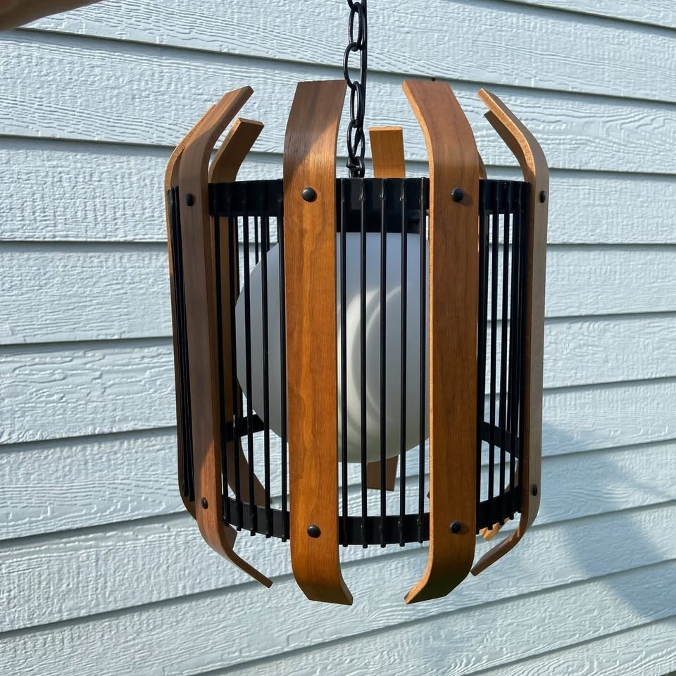 Mid Century Teak Hanging Cage Pendant Lamp in STUNNING condition Mid Century Teak Hanging Cage Pendant Lamp in STUNNING condition