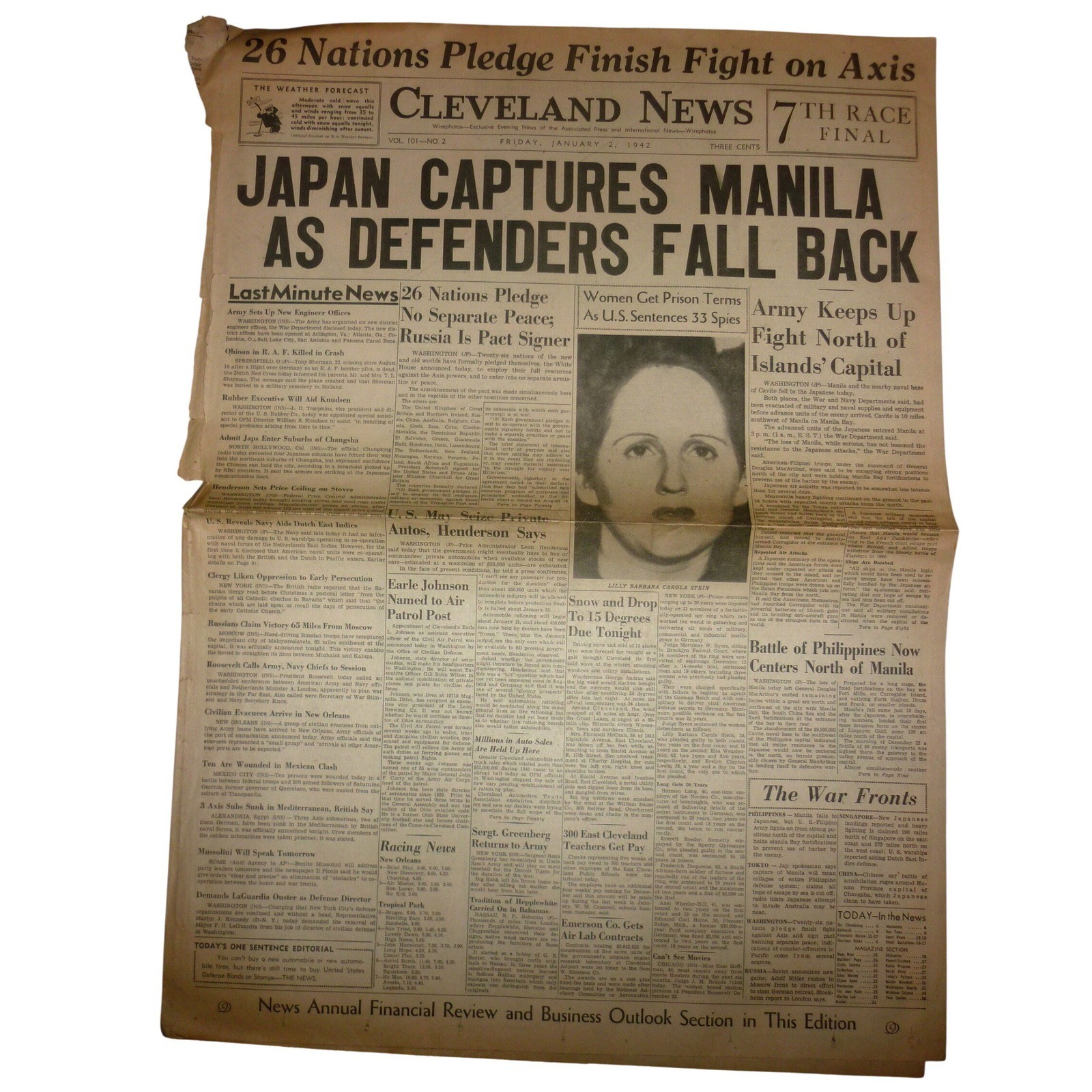 Vintage Jan 2 1942 Cleveland News Newspaper WWII Fall of Manila Declaration UN Vintage Jan 2 1942 Cleveland News Newspaper WWII Fall of Manila Declaration UN