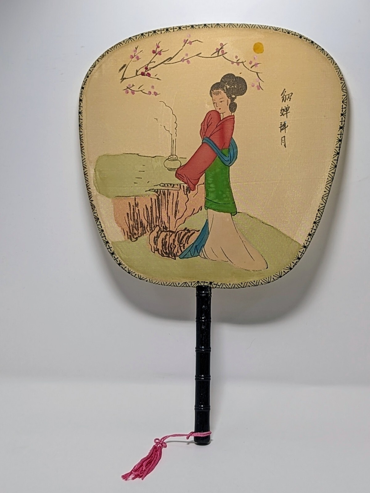 Beautiful Vintage Hand Painted Silk Paddle Fan Asian Woman Bamboo Handle
