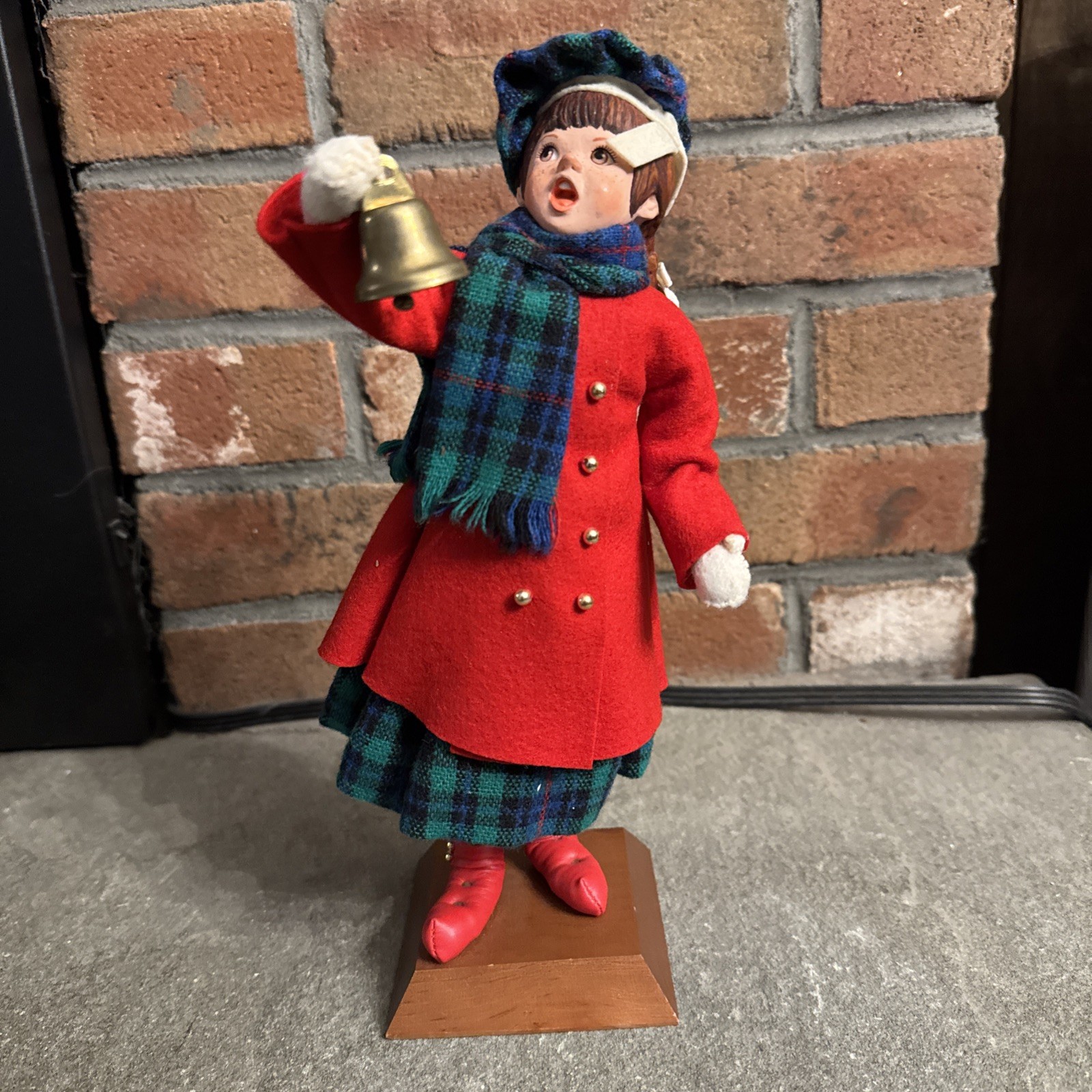Vintage 1988 Simpich Character Doll Girl with Bell Red Coat Plaid Scarf Handmade Vintage 1988 Simpich Character Doll Girl with Bell Red Coat Plaid Scarf Handmade