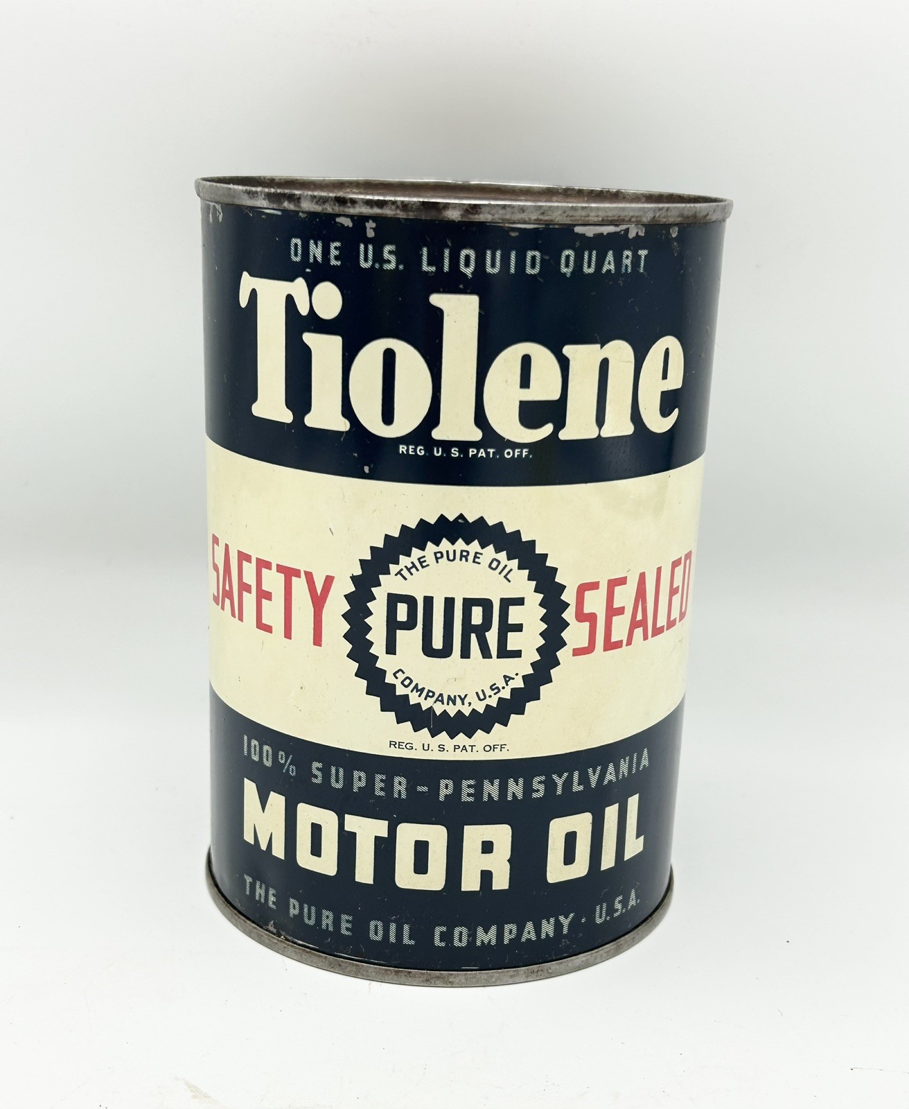 Vintage FULL Pure Tiolene Safety Sealed 1 Quart Gas Oil Advertising Can Vintage FULL Pure Tiolene Safety Sealed 1 Quart Gas Oil Advertising Can