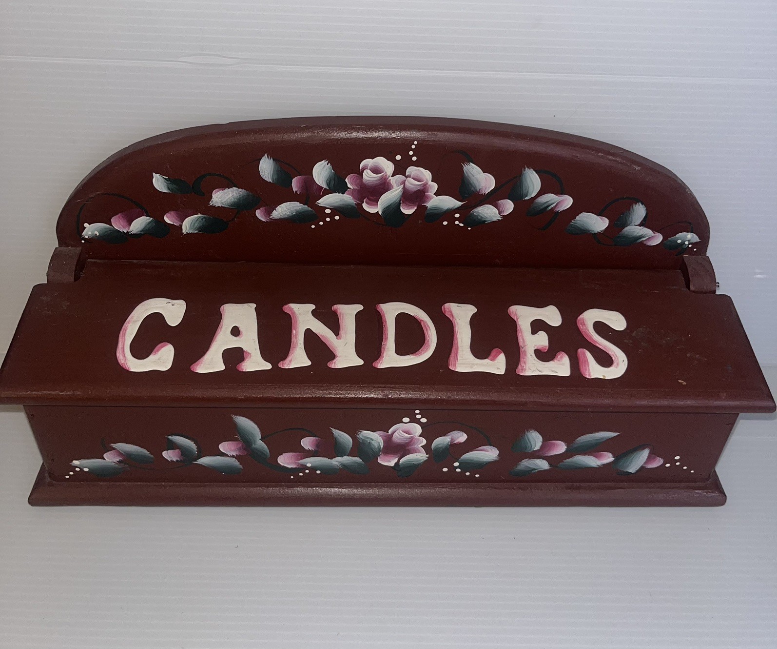 Vintage hand painted wood candle stick box cottage core granny core Vintage hand painted wood candle stick box cottage core granny core