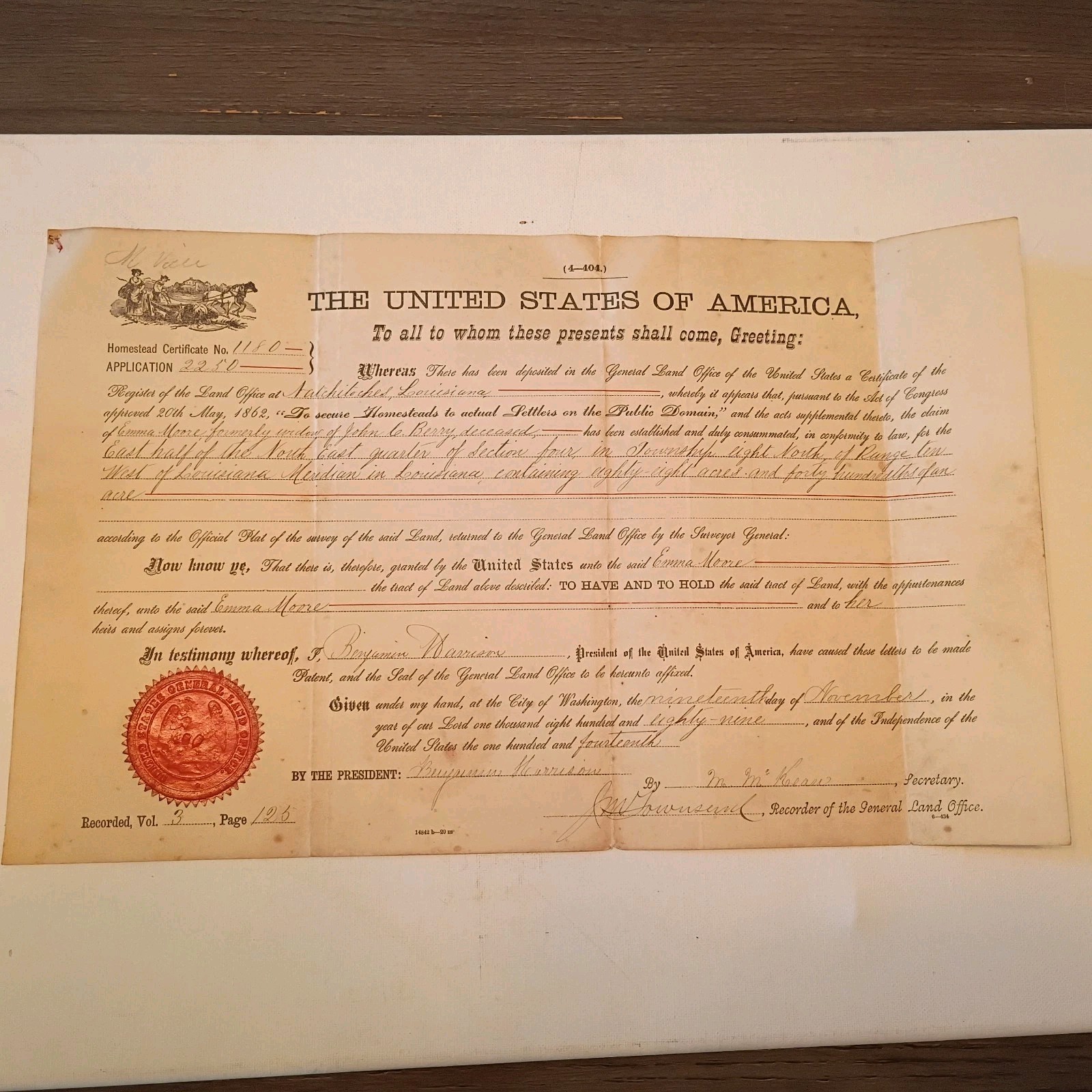 1889 Land Deed Homestead Signed By President Benjamin Harrison 1889 Land Deed Homestead Signed By President Benjamin Harrison