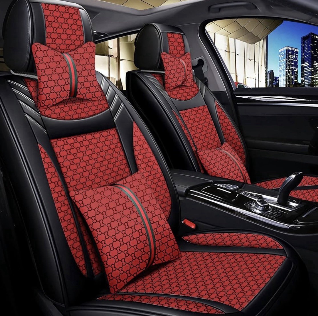 Universal Car Seat Covers 5-Piece Red Monogram Pattern Full Set Front Airbag