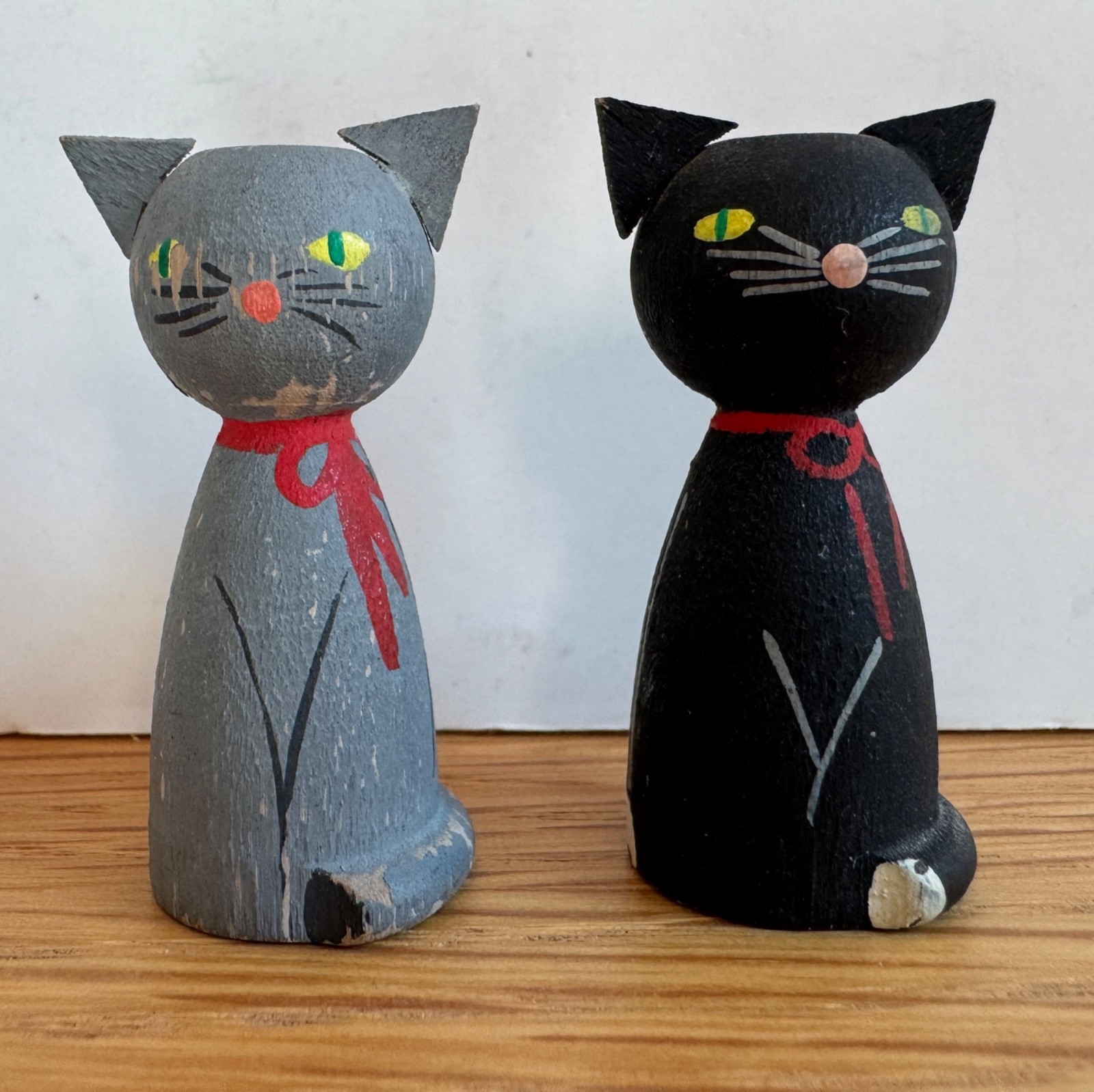 Vintage Swedish Folk Art Pair Wood Hand Made Hand Painted Cats Black Gray 1970s