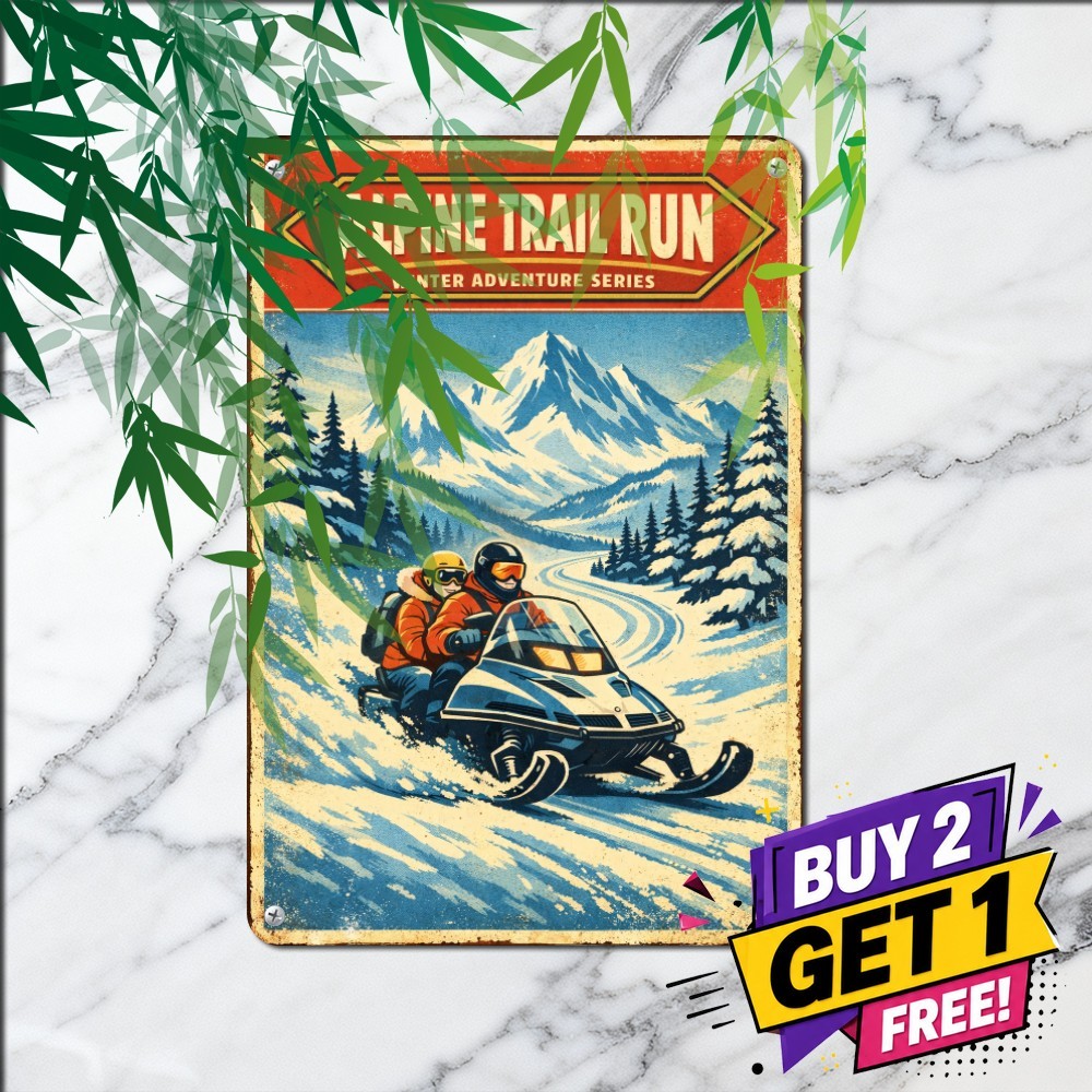 Winter Mountain Snowmobile Adventure Sign Snowy Alpine Cabin Metal Tin Plaque