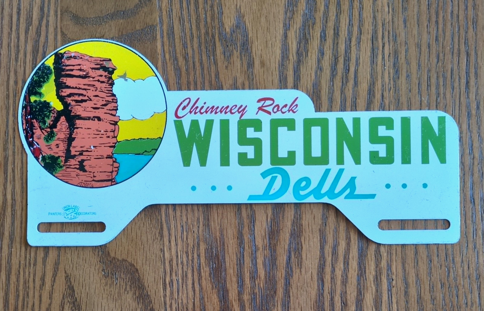 Vintage 1950s Wisconsin Dells Chimney Rock Metal License Plate Topper Sign Vintage 1950s Wisconsin Dells Chimney Rock Metal License Plate Topper Sign