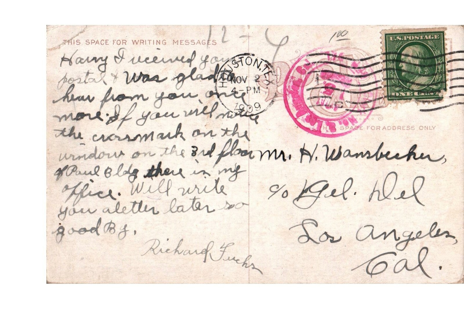 Postcard Postmarked 1909 Houston TX Corner Fannin Preston Streets Pink Cancel Postcard Postmarked 1909 Houston TX Corner Fannin Preston Streets Pink Cancel