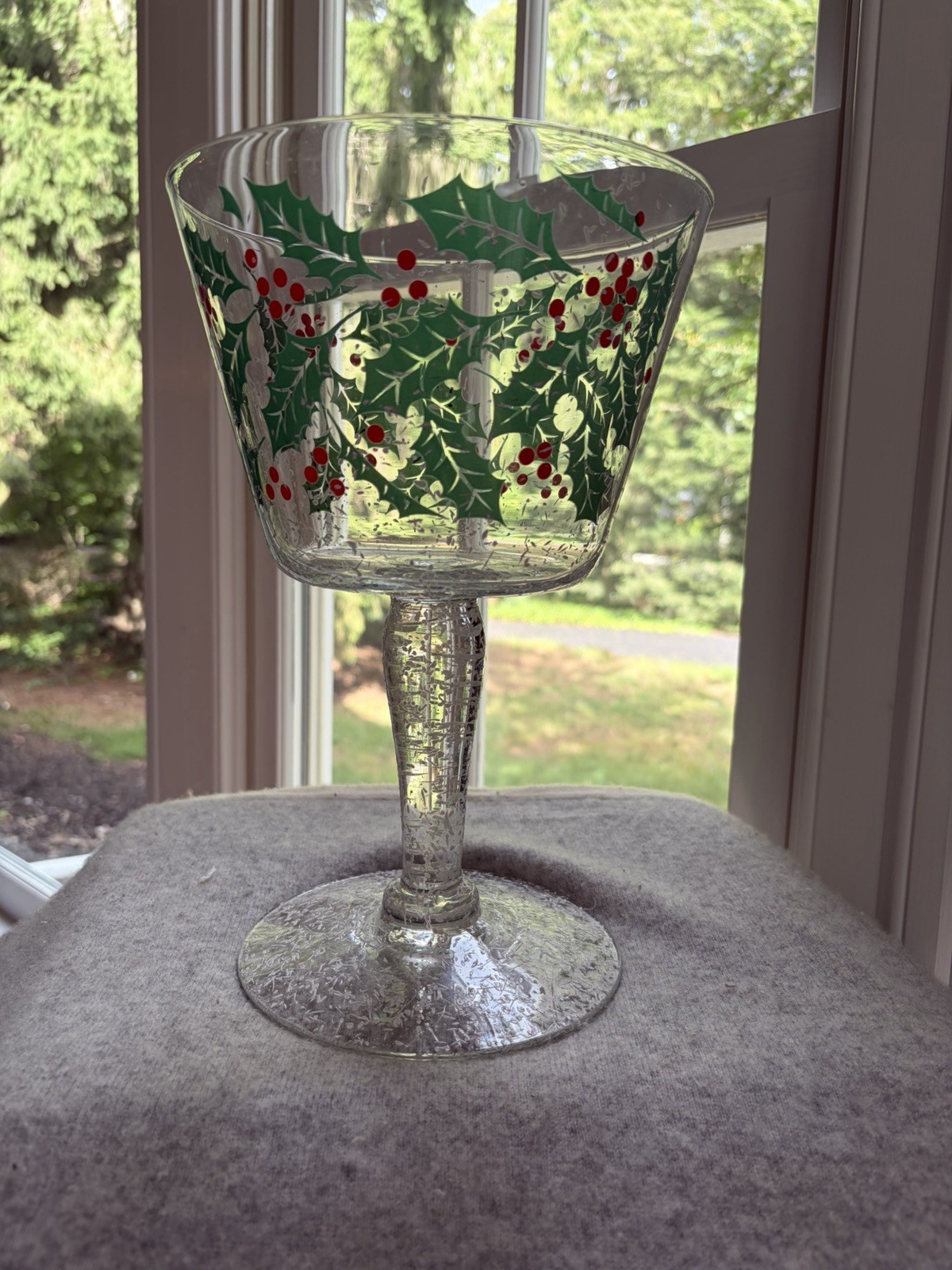 VTG West Virginia Glass Snowy Holly Christmas Pedestal Bowl 11’tall VTG West Virginia Glass Snowy Holly Christmas Pedestal Bowl 11’tall