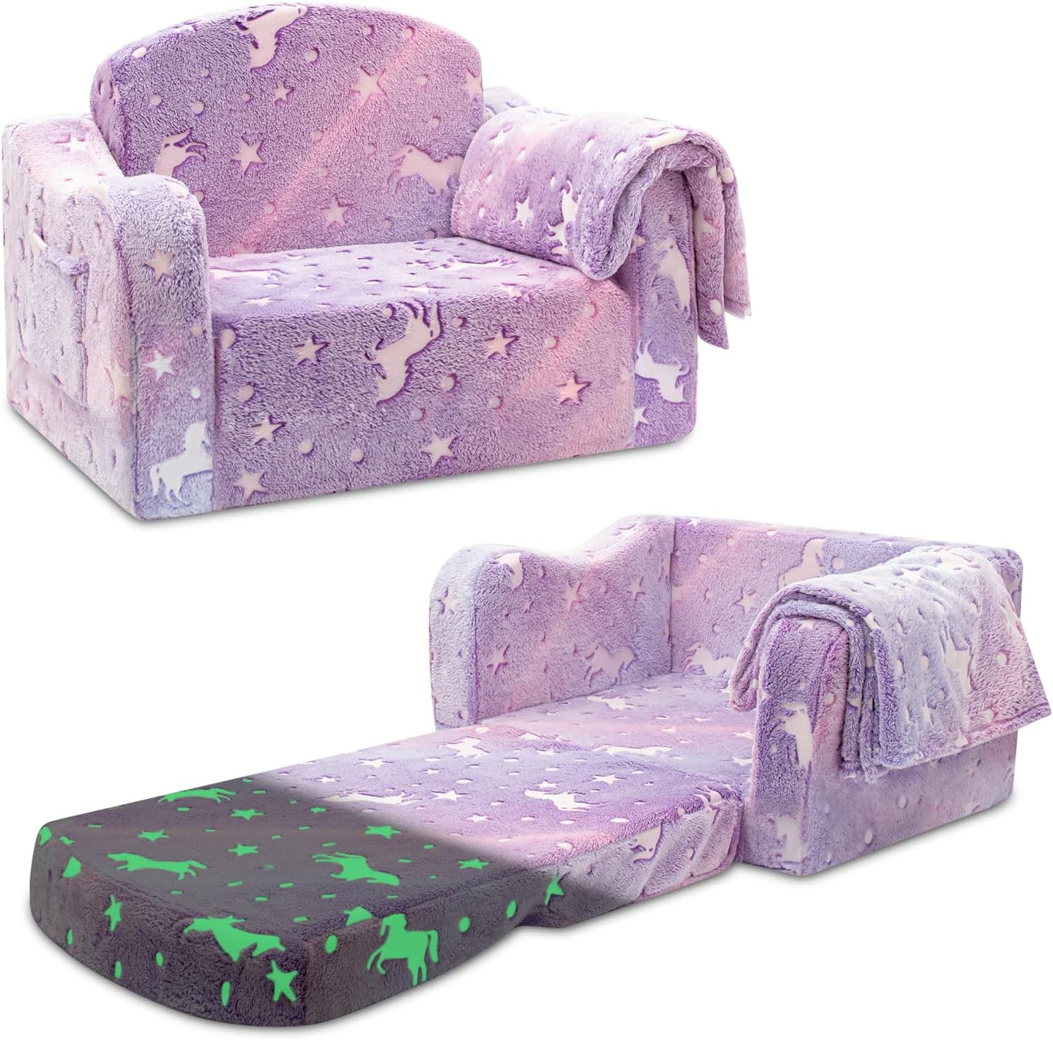 Comfy Kids Sofa Chair, 2-In-1 Fold Out Couch with Blanket