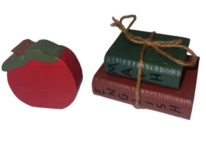 Cute Vintage Miniature Two Figurines Wood Books And Apple Cute Vintage Miniature Two Figurines Wood Books And Apple