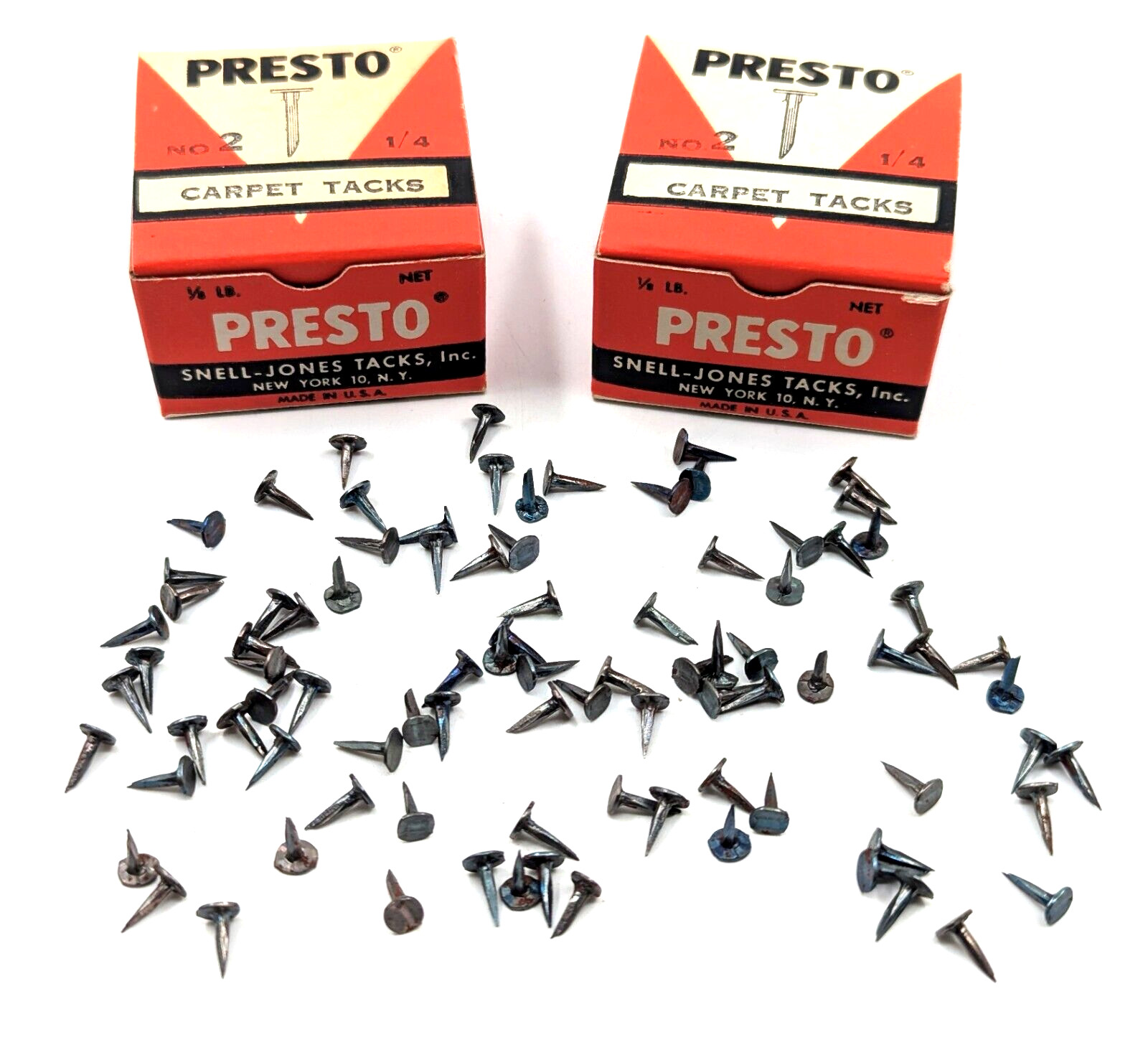 NOS Two (2) Boxes Vintage 1940’s-50’s Presto Blued-Sterilized ½” Carpet Tacks