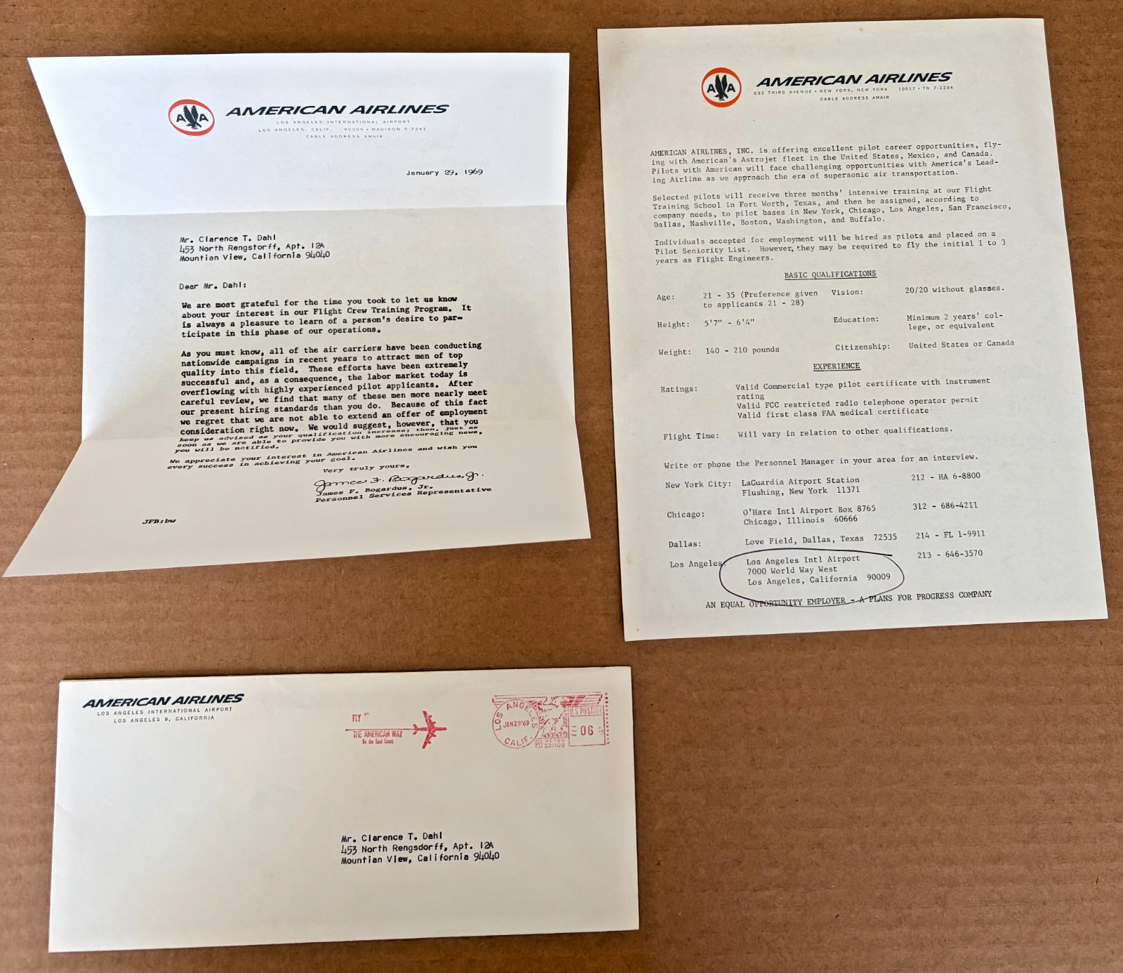 Vintage 1969 American Airlines Pilot Response Letter, Qualifications & Envelope Vintage 1969 American Airlines Pilot Response Letter, Qualifications & Envelope