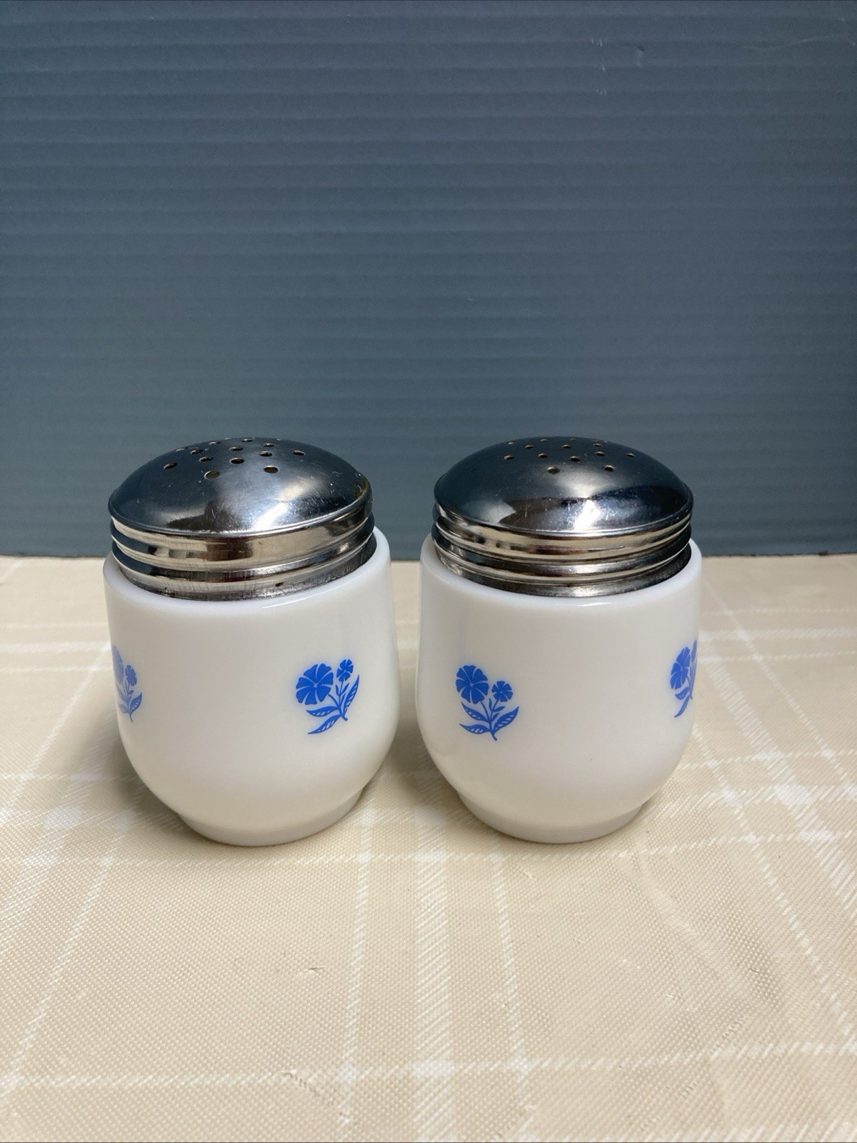 Vtg Hazel Atlas Milk Glass Salt & Pepper Shakers Blue Floral Pattern MCM