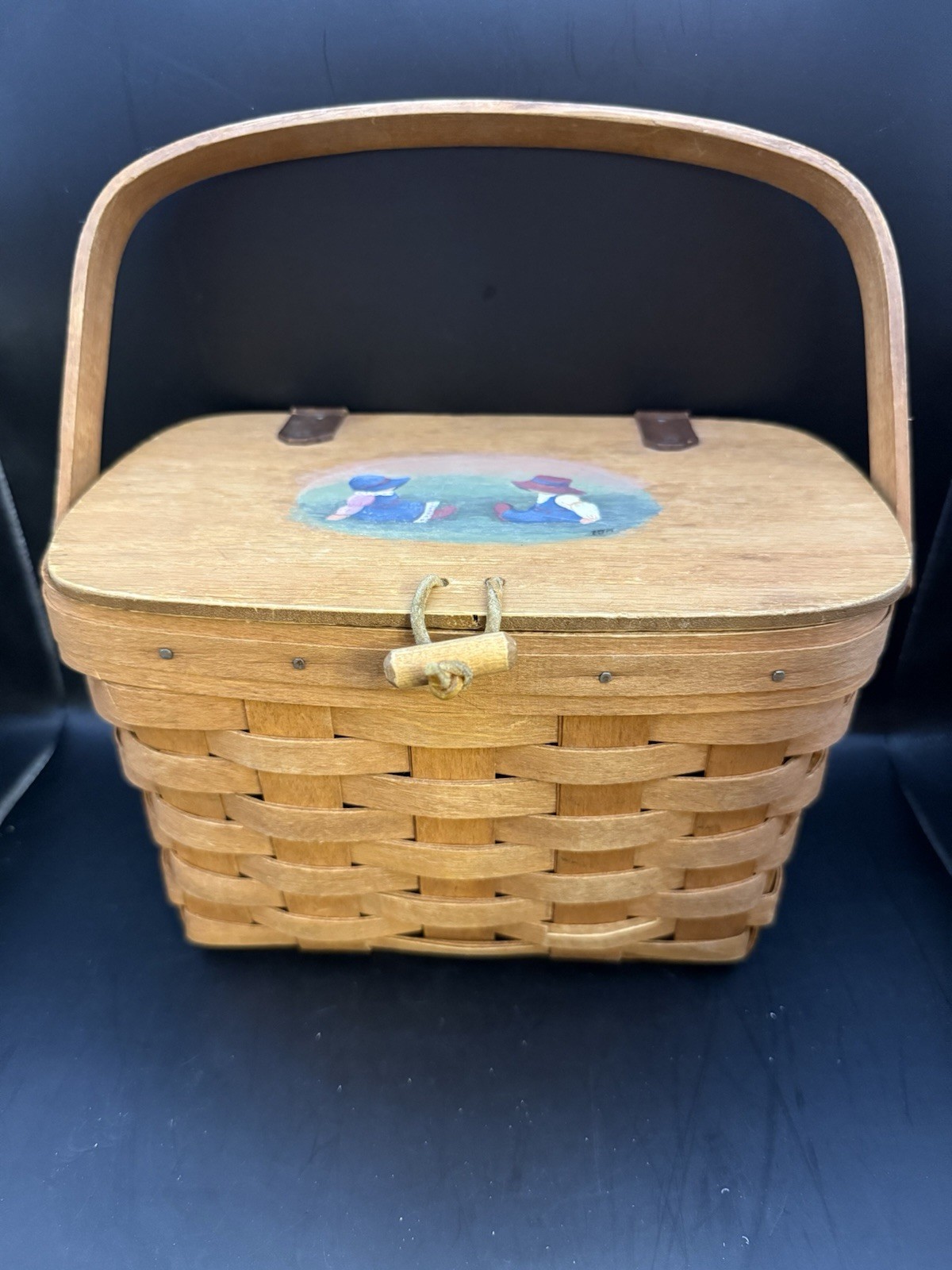 Longaberger Basket with Lid Hand Painted Signed Vintage Dresden Ohio