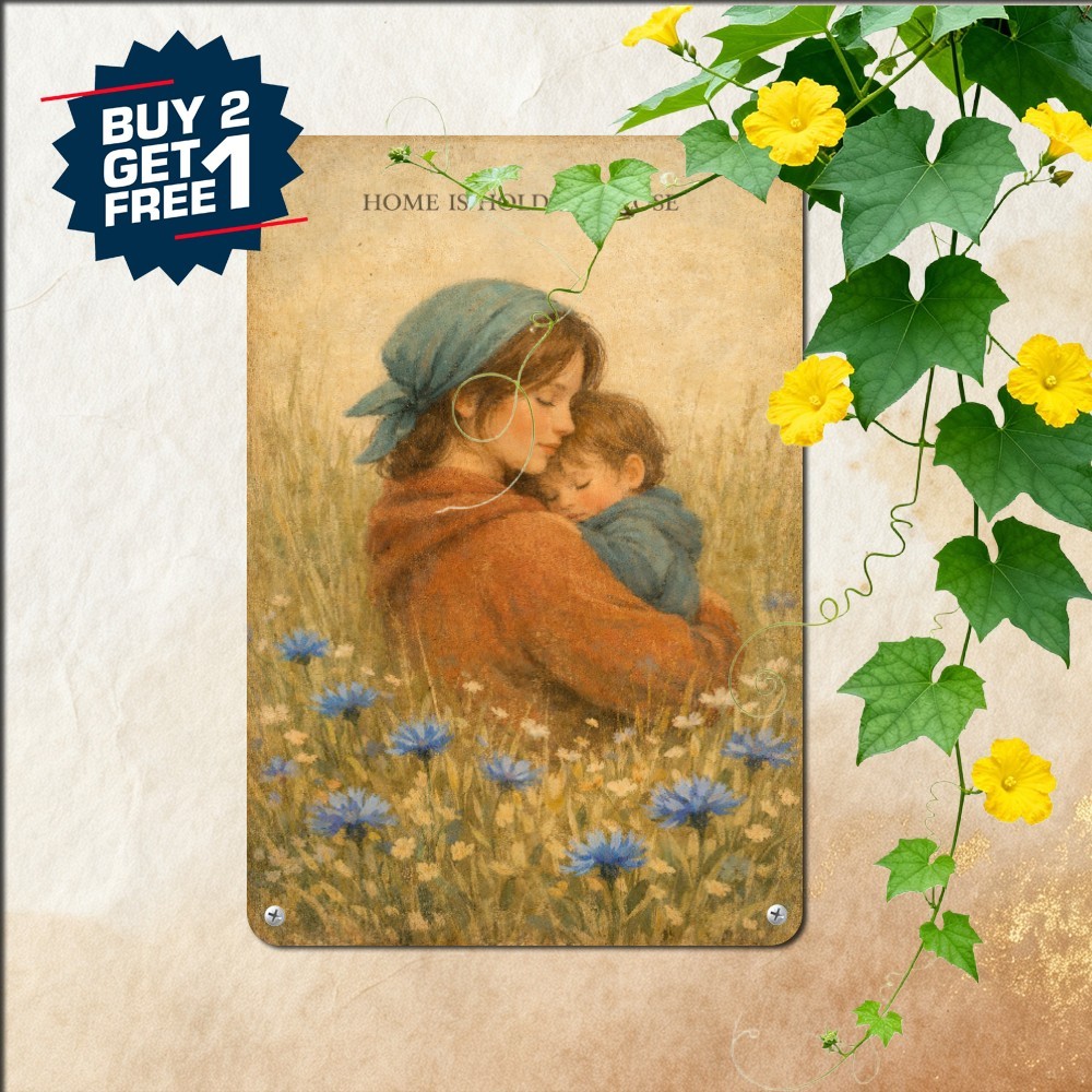 Mother And Child In Floral Meadow Sign Vintage Pastoral Fine Art Metal Plaque