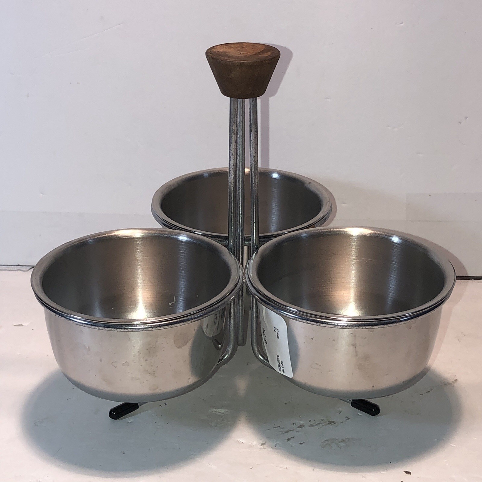 Danish Mid Century Modern Triple Caddy Condiment, Stainless & Teak Wood, 3 Bowls