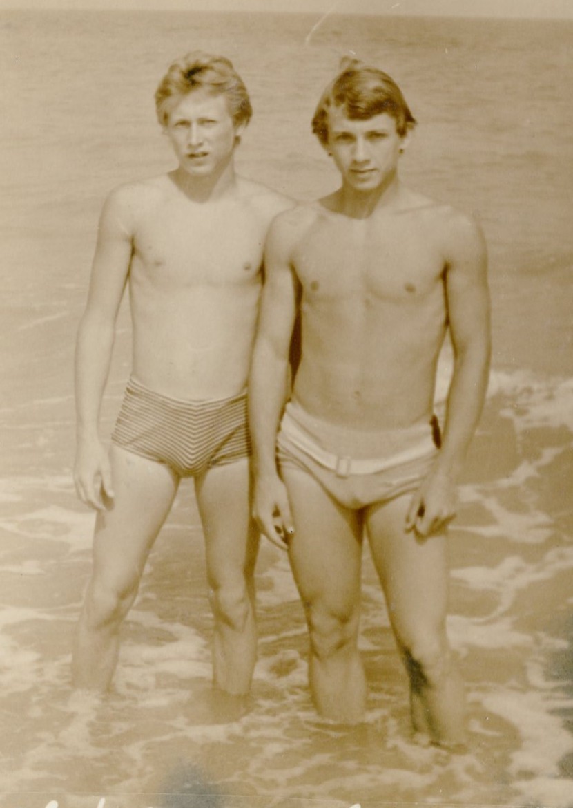 Shirtless Handsome young men couple bulge beach trunks gay vintage photo Shirtless Handsome young men couple bulge beach trunks gay vintage photo