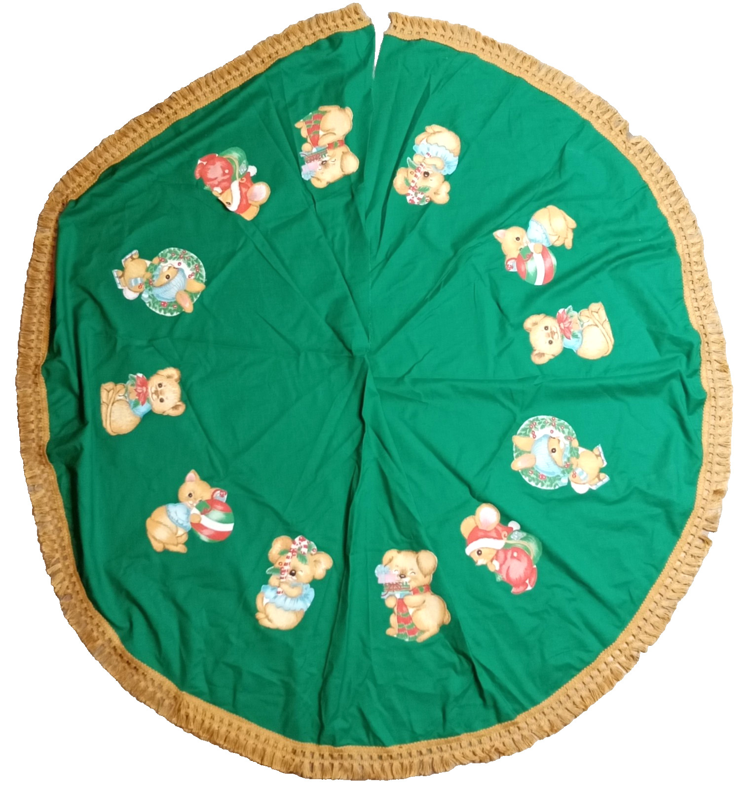 Vintage 1950s Handmade Felt Fringe Teddy Bear Applique Christmas Tree Skirt