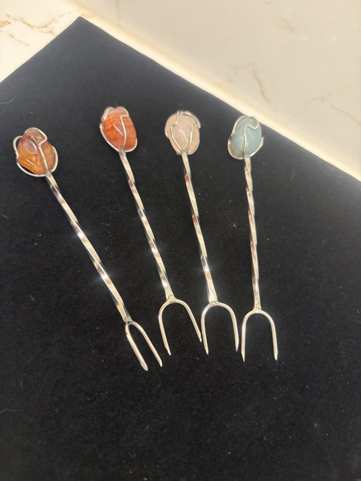 Vintage Set 4 Approx 800 Silver Gemstone Cocktail Olive Forks 6in Vintage Set 4 Approx 800 Silver Gemstone Cocktail Olive Forks 6in