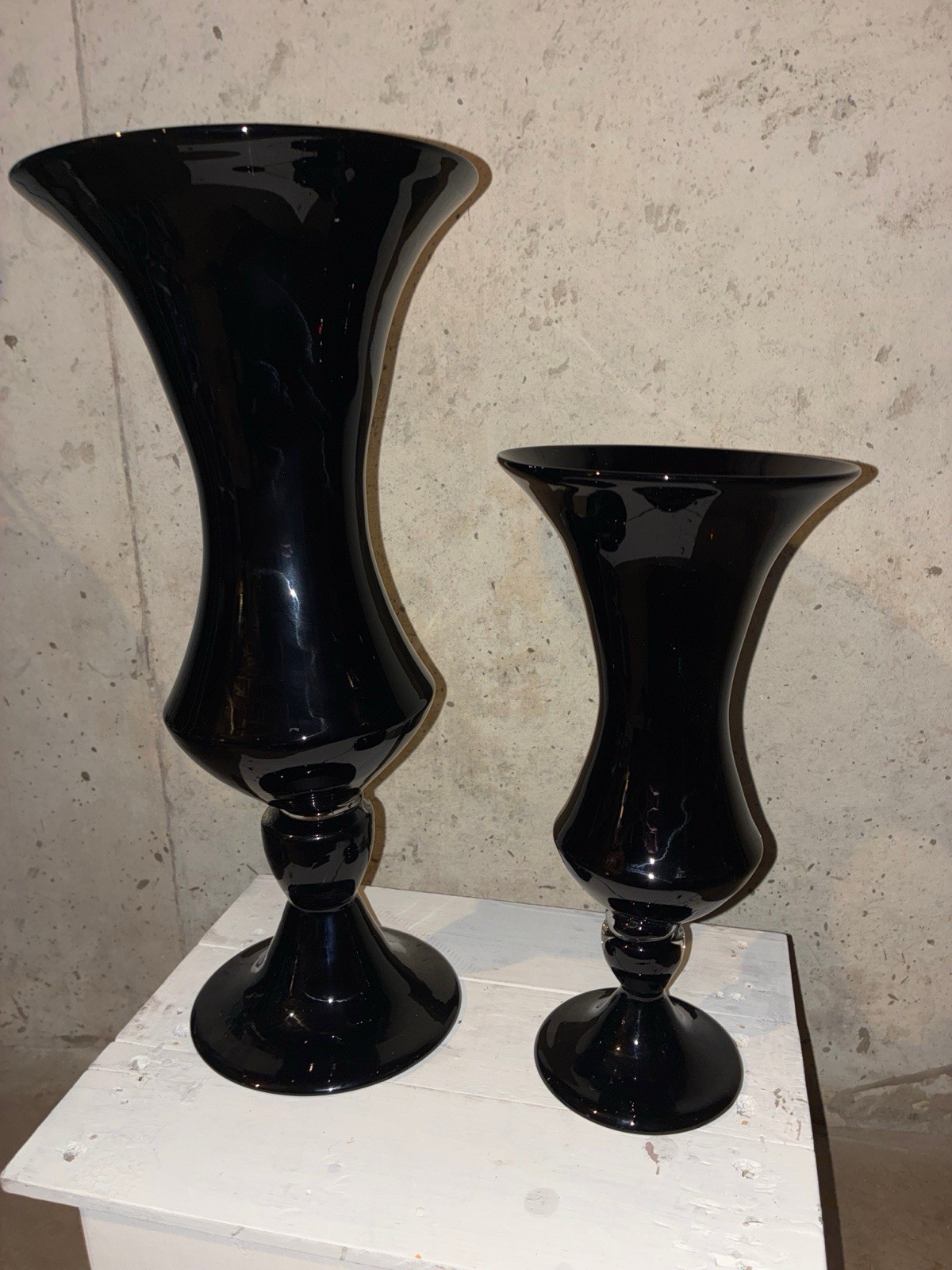 Vtg Empoli Style True Black Amethyst Glass Pedestal Flared Vases Set 15.5\