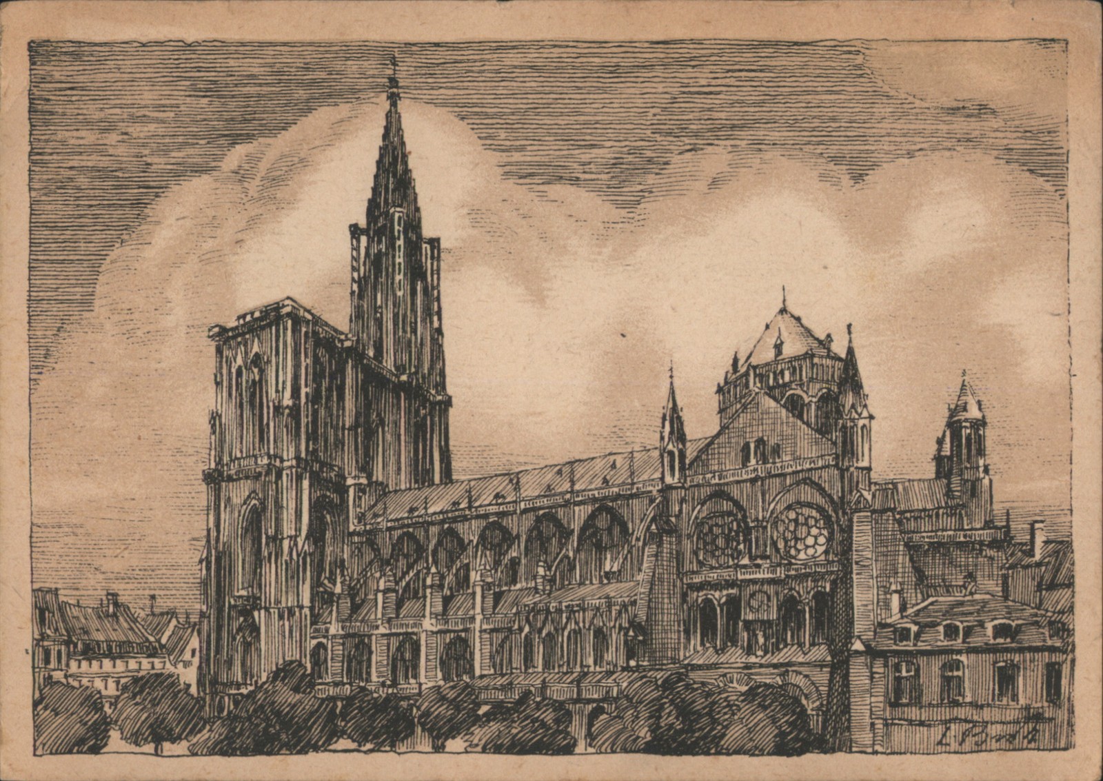 Strasbourg, France Cathedral South Side Engraving Original Vintage Postcard Strasbourg, France Cathedral South Side Engraving Original Vintage Postcard