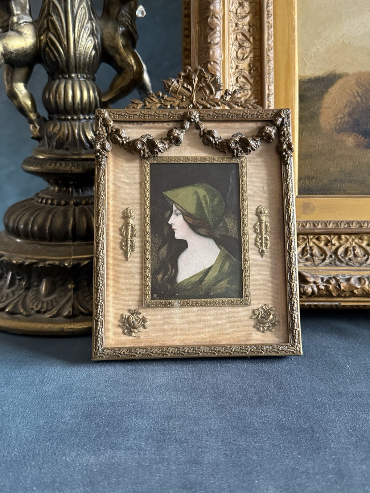 Antique French Gilt Ormolu Picture Frame Silk Mat German Tin Portrait 7.5” Antique French Gilt Ormolu Picture Frame Silk Mat German Tin Portrait 7.5”