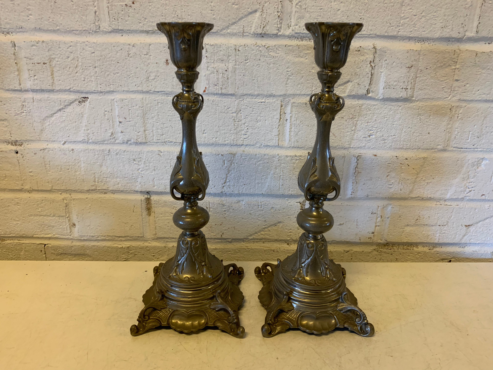 Antique Pair of Pewter or Tin Stylized Candle Sticks / Candle Holders