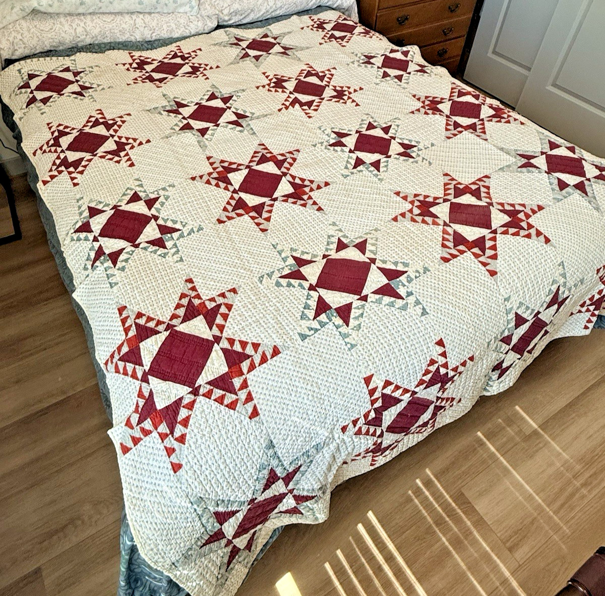 Antique Early 1900s Claret Red and Shirting Fabric Feathered Ohio Star Quilt