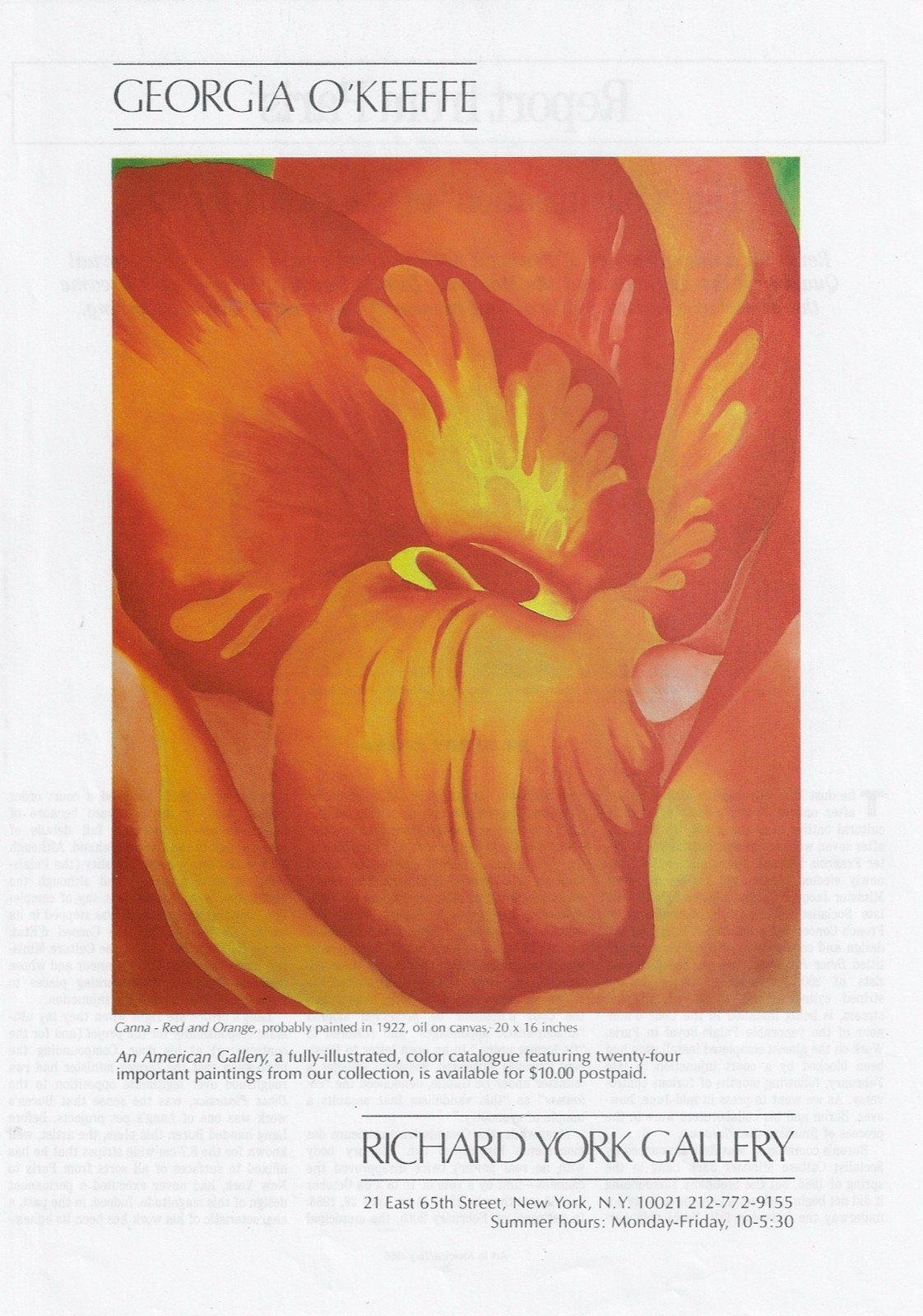 GEORGIA O\' KEEFFE c1922 Red & Orange Canna Art Gallery 1986 Print Ad GEORGIA O\' KEEFFE c1922 Red & Orange Canna Art Gallery 1986 Print Ad