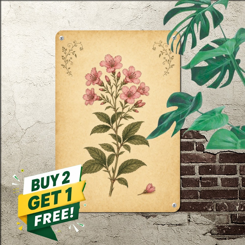 vintage botanical flower illustration single tall stem pink