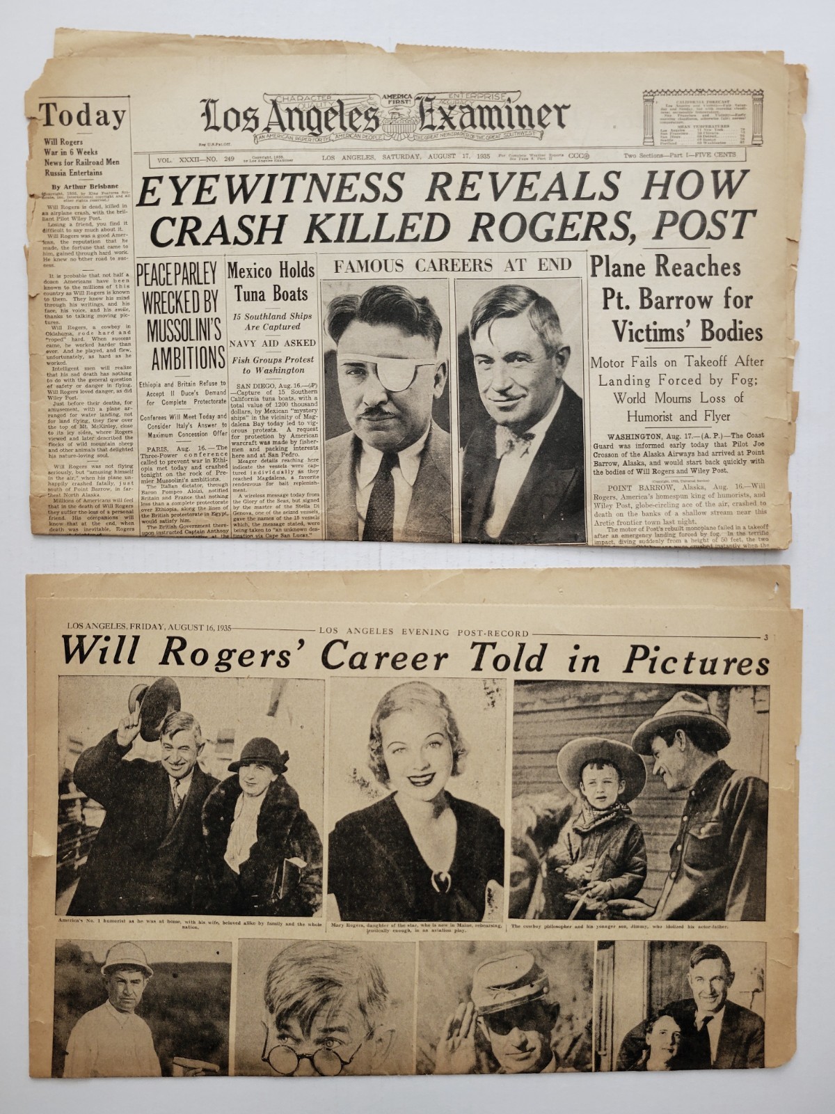 1935 Aug 16-17: Actor WILL ROGERS Death, Tribute Pics LA Examiner & Evening Post 1935 Aug 16-17: Actor WILL ROGERS Death, Tribute Pics LA Examiner & Evening Post