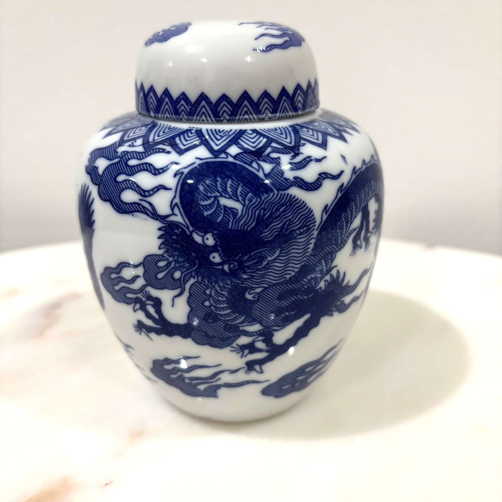 Vintage Blue & White Chinoiserie 5” Ginger Jar Japanese Double Dragon Art Japan Vintage Blue & White Chinoiserie 5” Ginger Jar Japanese Double Dragon Art Japan