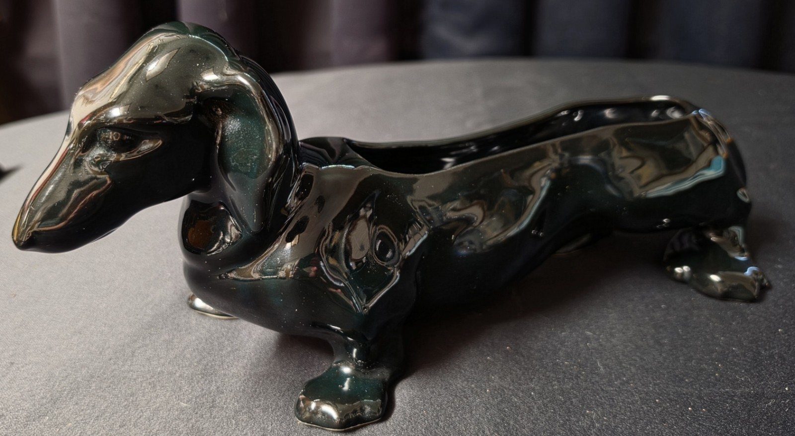 Vtg MCM Black Ceramic Dachshund Planter (Wiener Dog Mid Century) High Gloss