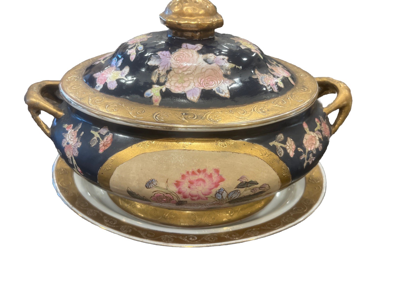 Vintage Japanese Porcelain Kutani Hand Painted Gold Gilded Tureen With Lid/Plate