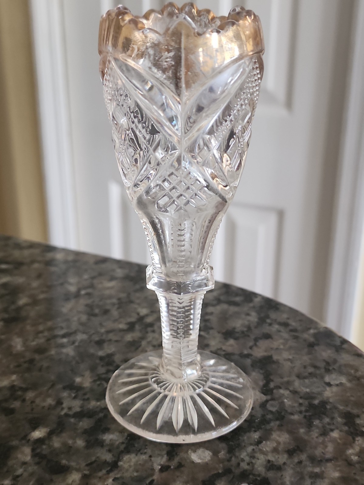 EAPG Tarentum Clear Glass Bud Vase With Gold Rim 5 3/4