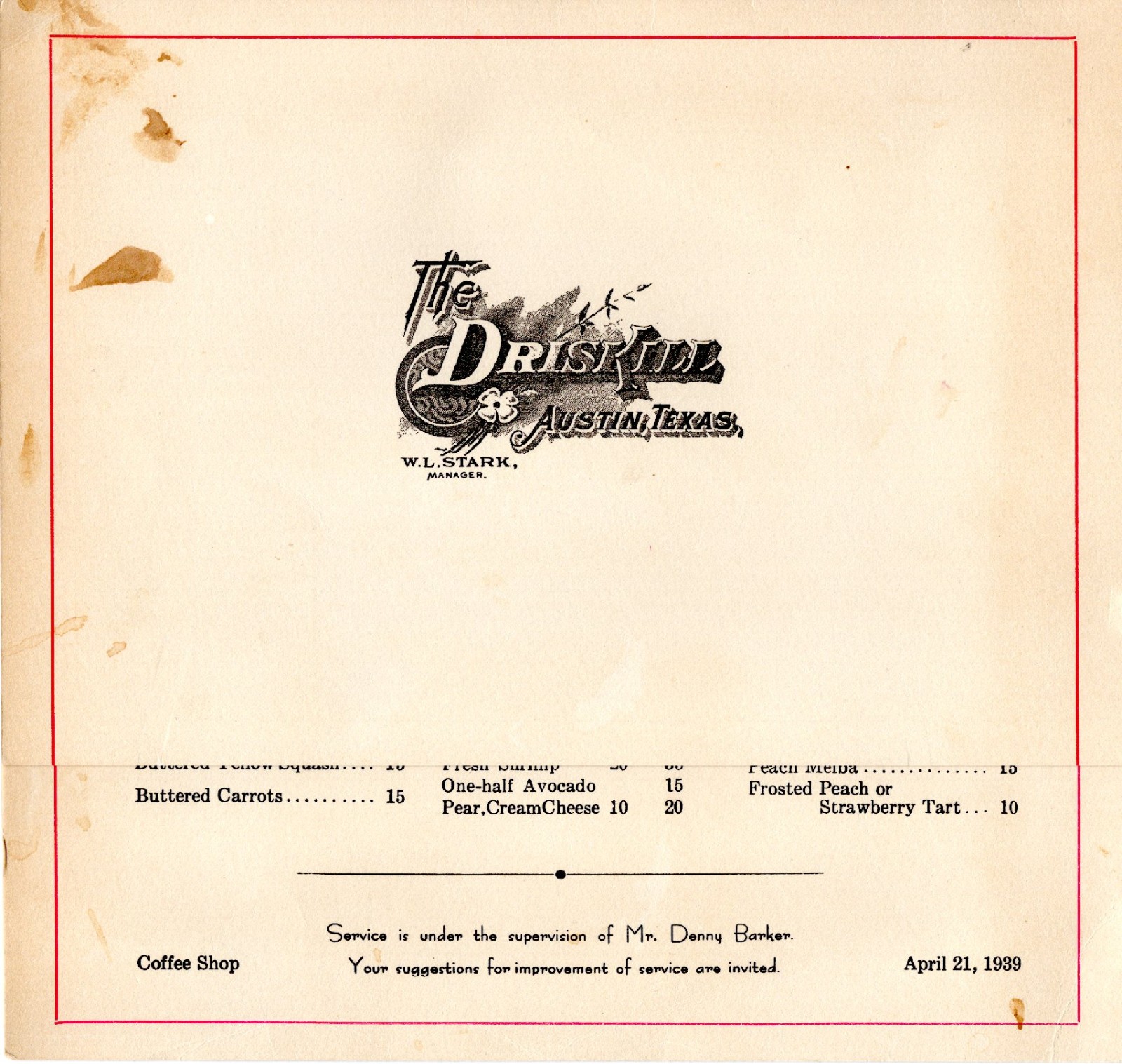MENU - Austin Texas The Driskill Hotel 1939  RARE  W.L.Stark MGR  SEE PRICES