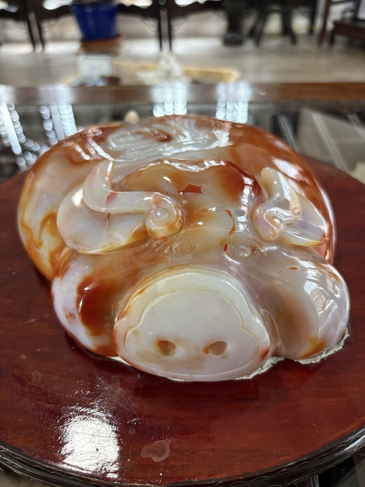 Vintage Large 12” Chinese Agate Craft Pig On Silver Inlay Wood stand Vintage Large 12” Chinese Agate Craft Pig On Silver Inlay Wood stand