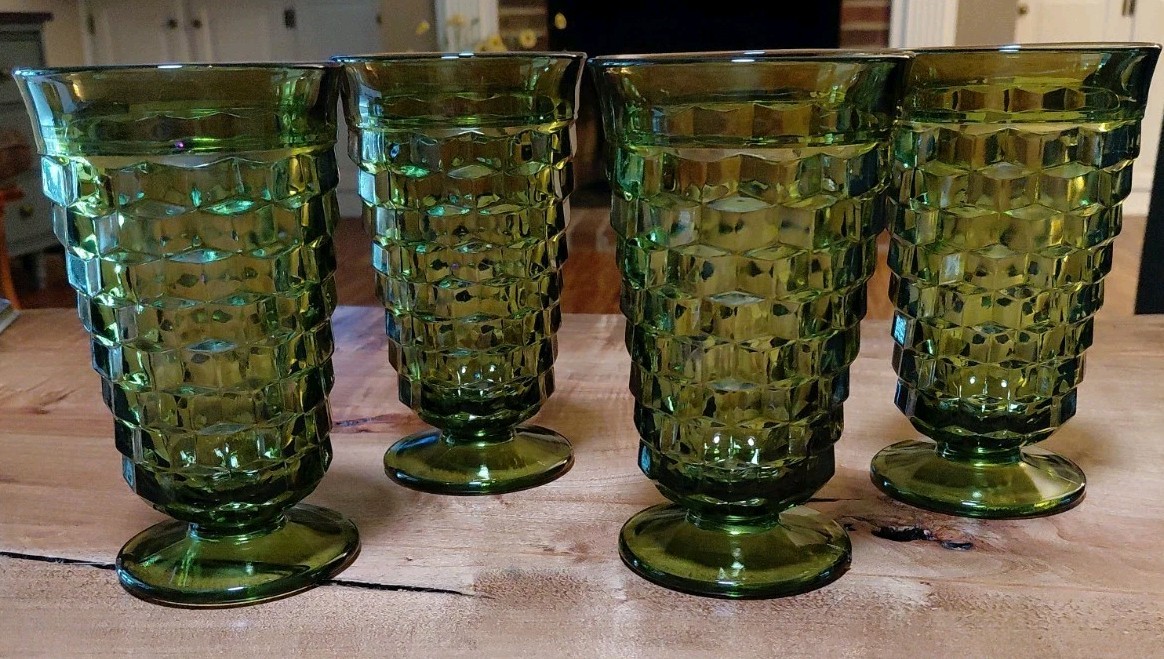 (4) Indiana Glass Whitehall Colony avocado green cubist footed 12oz glasses 