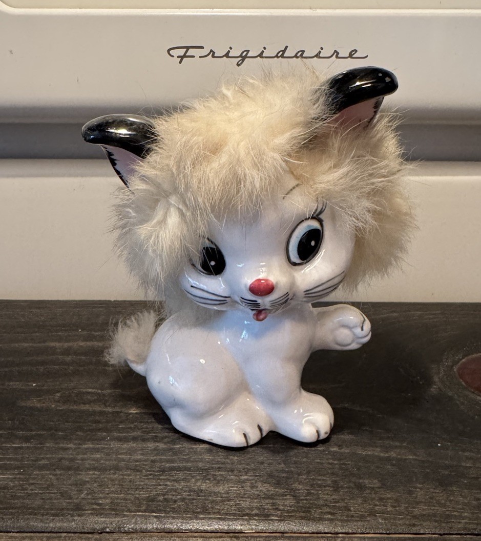 Vtg 1950's Anthropomorphic White Cat Porcelain Fluffy Fur Big Ears Figure Vtg 1950's Anthropomorphic White Cat Porcelain Fluffy Fur Big Ears Figure
