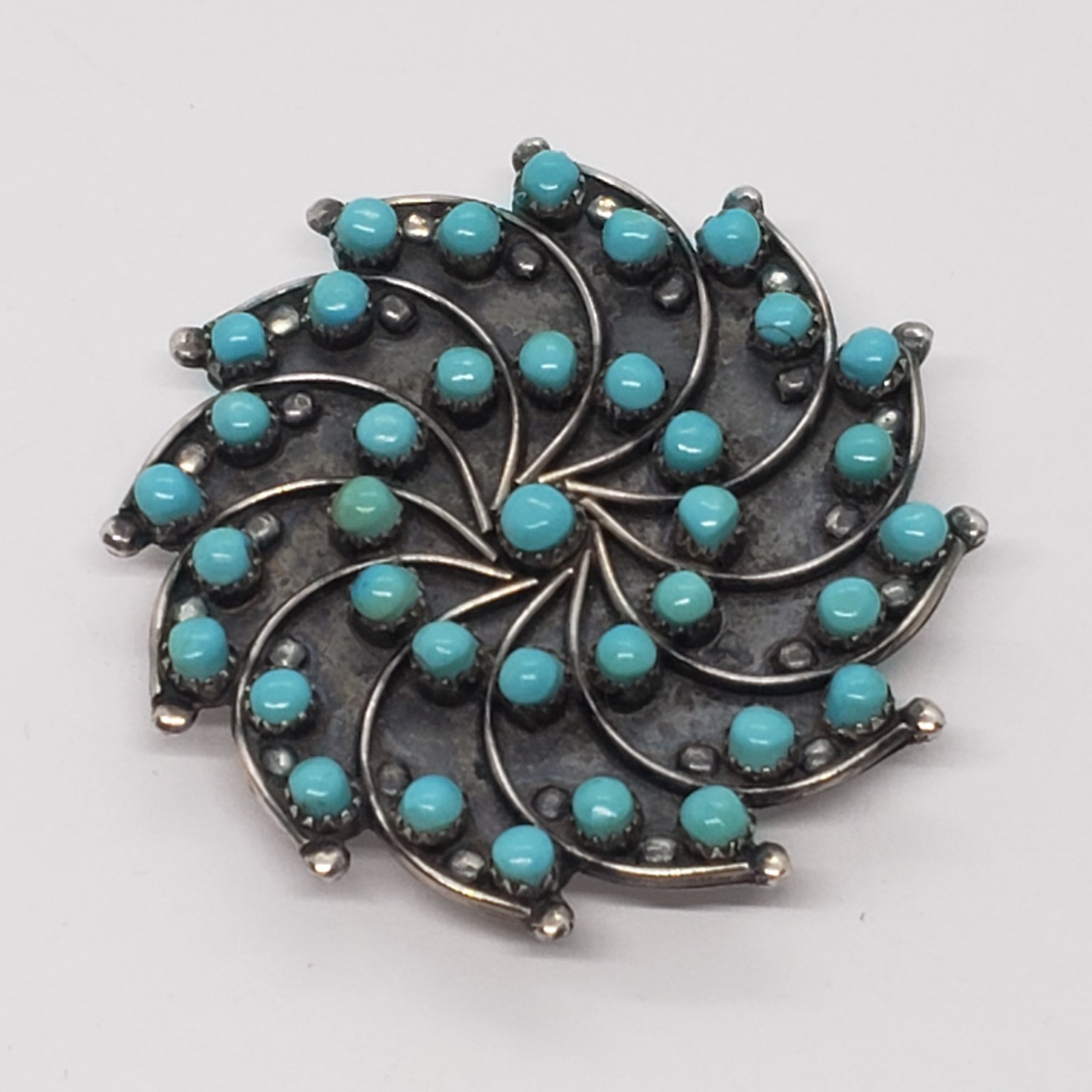 Rare HUBERT JOHNSON Zuni Turquoise Pinwheel Petit Point PENDANT BROOCH 1960s Rare HUBERT JOHNSON Zuni Turquoise Pinwheel Petit Point PENDANT BROOCH 1960s