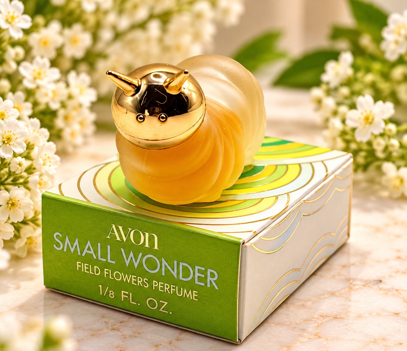 Vintage Avon Caterpillar Perfume Bottle Frosted Yellow Glass Gold Head with Box Vintage Avon Caterpillar Perfume Bottle Frosted Yellow Glass Gold Head with Box