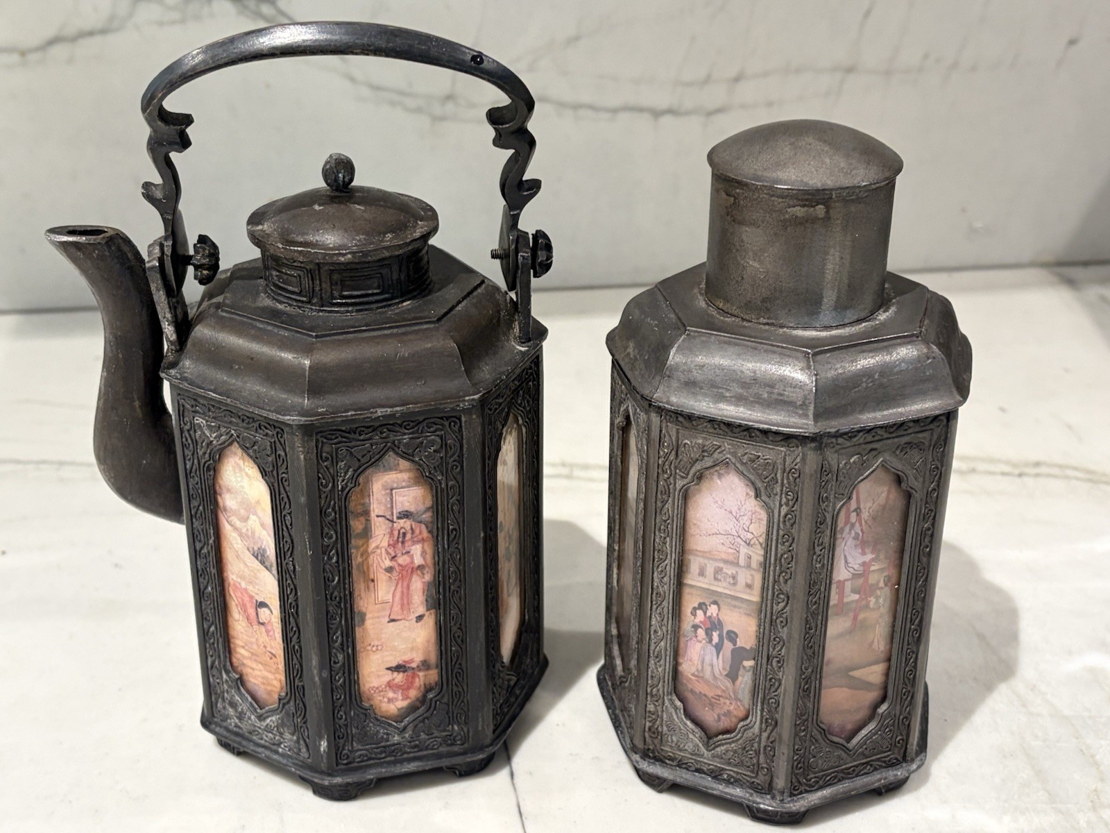 Pair of Vintage Chinese Hexagonal Pewter Teapots Figural Panel Inserts
