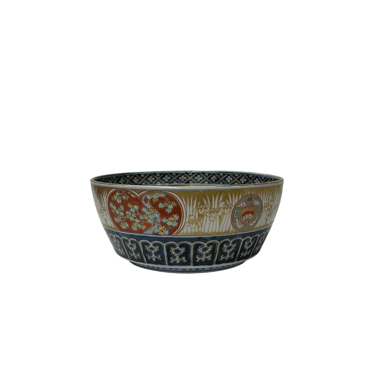 Vintage Oriental Imari Blue Red Birds Medallion Porcelain Bowl Art GB854