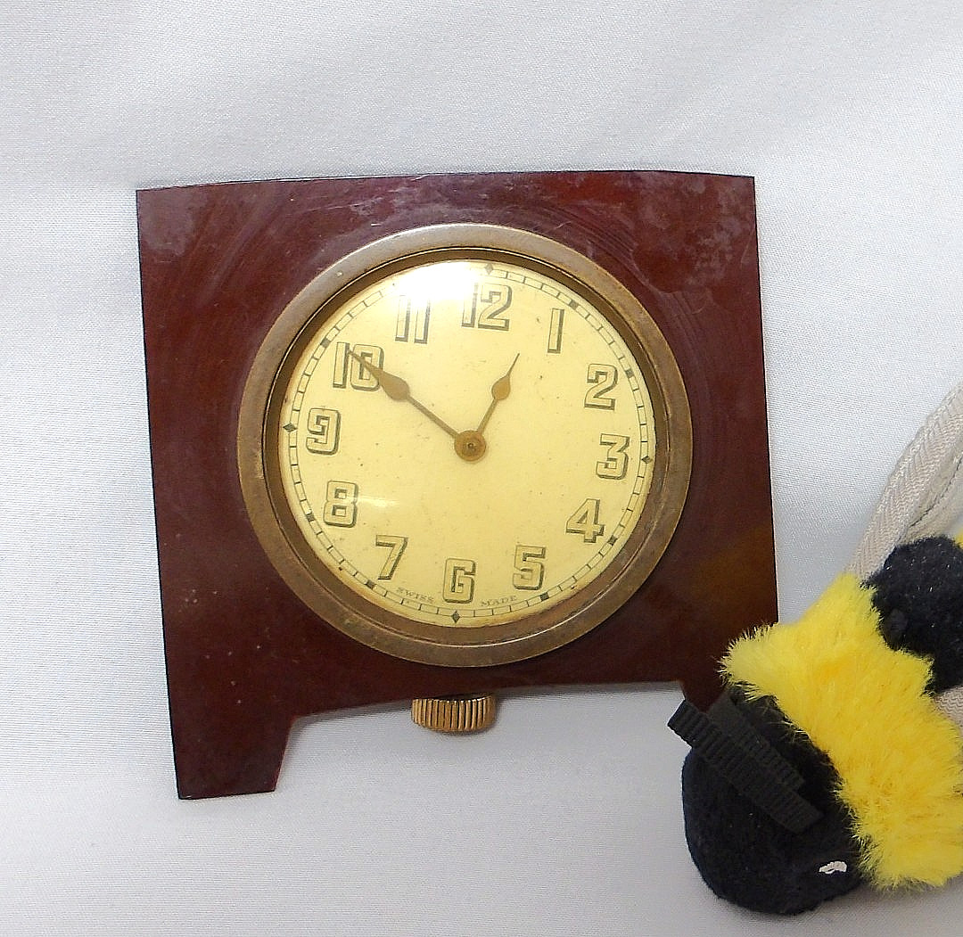 Antique 1920s-30s Art Deco Swiss Made Travel Desk Clock Bakelite
